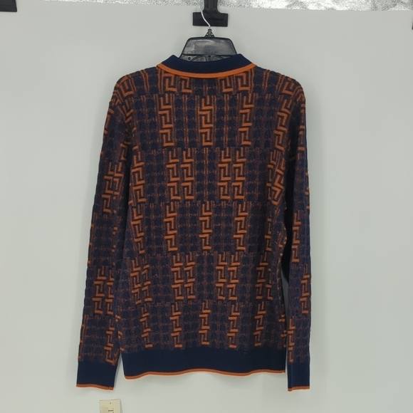 Men's Prestige Geometric Polo Knit Sweater Blue Orange M retro vintage preppy 90 - Picture 2 of 7